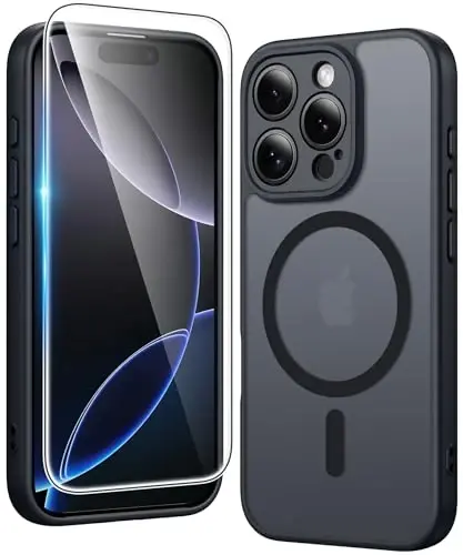 FNTCASE for iPhone 16 Pro Case: Magnetic Matte Translucent Phone Cases with Screen Protector and Lens Protection Durable Textured Rugged Shockproof Protective Slim Cell Cover (C-Black) 