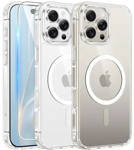FNTCASE for iPhone 16 Pro Case Clear Magnetic with Screen Protector | Anti Yellowing, Rugged Shockproof Protective, Slim Phone Cases, Transparent Cell Phone Cover 
