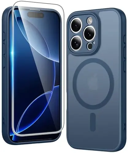 FNTCASE for iPhone 16 Pro Case: Matte Magnetic Phone Cases with Screen Protector Compatible with Magsafe Slim Anti Yellowing Rugged Shockproof Protective Translucent Cell Phone Cover (C-Blue) 