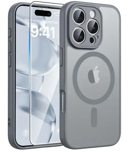 FNTCASE for iPhone 16 Pro Case, Fit for Magsafe, with Screen Protector Gray | Full Camera Protection, Translucent Matte, 14FT Military Grade Drop Proof, Shockproof Protective Phone Cover, Gray 