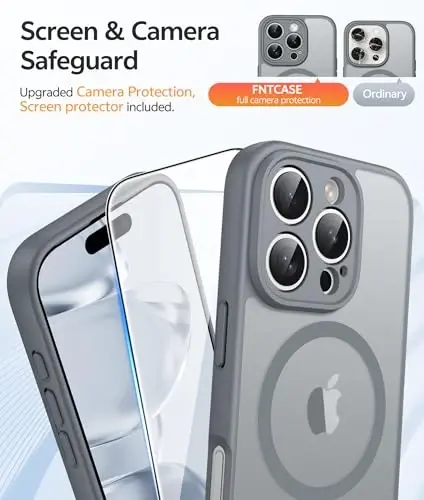 FNTCASE for iPhone 16 Pro Case, Fit for Magsafe, with Screen Protector Gray | Full Camera Protection, Translucent Matte, 14FT Military Grade Drop Proof, Shockproof Protective Phone Cover, Gray - 4