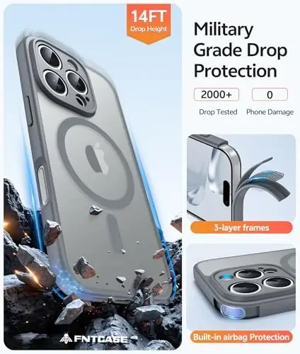 FNTCASE for iPhone 16 Pro Case, Fit for Magsafe, with Screen Protector Gray | Full Camera Protection, Translucent Matte, 14FT Military Grade Drop Proof, Shockproof Protective Phone Cover, Gray - 5
