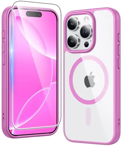 FNTCASE for iPhone 16 Pro Case: Clear Magnetic Phone Cases with Screen Protector Compatible with Magsafe Slim Anti Yellowing Rugged Shockproof Protective Transparent Cell Phone Cover (B-Pink) 
