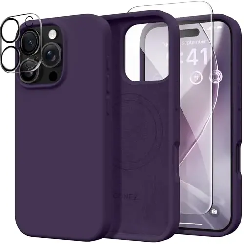 GONEZ Magnetic for iPhone 16 Pro Case, Compatible with MagSafe, [Screen Protector + Camera Lens Protector], Silicone Shockproof Anti-Scratch Protective Phone Case 6.3 inch, Deep Purple - GONEZ