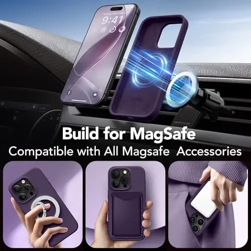 GONEZ Magnetic for iPhone 16 Pro Case, Compatible with MagSafe, [Screen Protector + Camera Lens Protector], Silicone Shockproof Anti-Scratch Protective Phone Case 6.3 inch, Deep Purple - 3