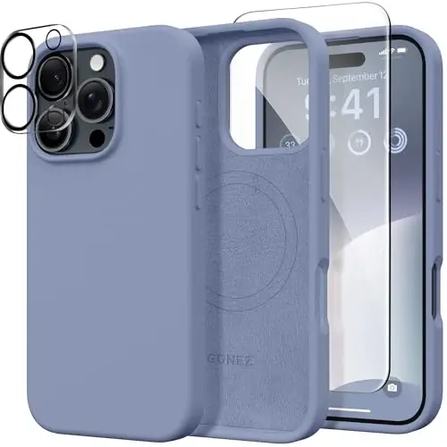GONEZ Magnetic for iPhone 16 Pro Case, Compatible with MagSafe, [Screen Protector + Camera Lens Protector], Silicone Shockproof Anti-Scratch Protective Phone Case 6.3 inch, Lavender Gray 