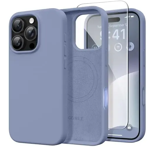 GONEZ Magnetic for iPhone 16 Pro Case, Compatible with MagSafe, [Screen Protector + Camera Lens Protector], Silicone Shockproof Anti-Scratch Protective Phone Case 6.3 inch, Lavender Gray - 1