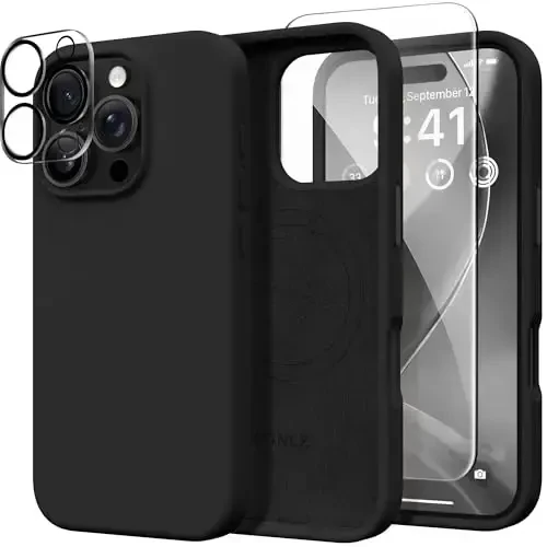 GONEZ Magnetic for iPhone 16 Pro Case, Compatible with MagSafe, [Screen Protector + Camera Lens Protector], Silicone Shockproof Anti-Scratch Protective Phone Case 6.3 inch, Black - 1