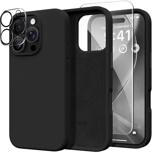 GONEZ Magnetic for iPhone 16 Pro Case, Compatible with MagSafe, [Screen Protector + Camera Lens Protector], Silicone Shockproof Anti-Scratch Protective Phone Case 6.3 inch, Black 