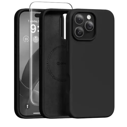 GONEZ Magnetic for iPhone 16 Pro Case, Silicone Cover Black | Compatible with MagSafe, Camera Button & Screen Protector, Microfiber Lining, 3 Layers Soft Gel Rubber Shockproof Slim 6.3