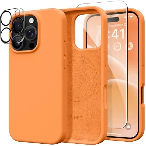GONEZ Magnetic for iPhone 16 Pro Case, Compatible with MagSafe, [Screen Protector + Camera Lens Protector], Silicone Shockproof Anti-Scratch Protective Phone Case 6.3 inch, Orange 