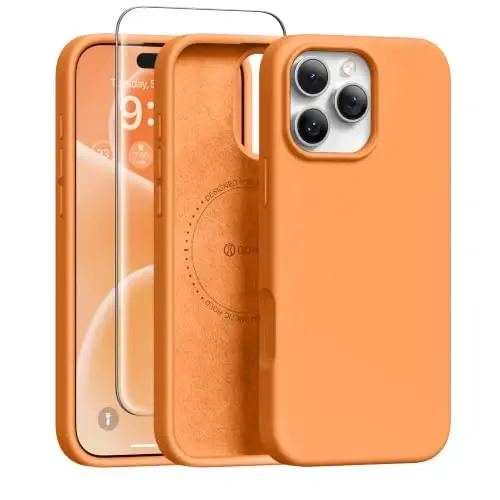 GONEZ Magnetic for iPhone 16 Pro Case, Compatible with MagSafe, [Screen Protector + Camera Lens Protector], Silicone Shockproof Anti-Scratch Protective Phone Case 6.3 inch, Orange 