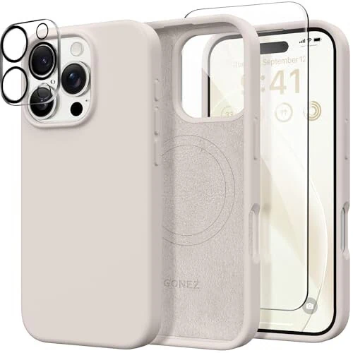 GONEZ Magnetic for iPhone 16 Pro Case, Compatible with MagSafe, [Screen Protector + Camera Lens Protector], Silicone Shockproof Anti-Scratch Protective Phone Case 6.3 inch, Stone - GONEZ