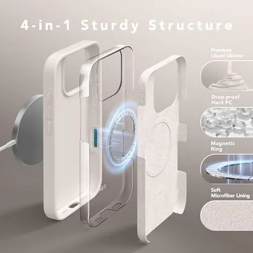 GONEZ Magnetic for iPhone 16 Pro Case, Compatible with MagSafe, [Screen Protector + Camera Lens Protector], Silicone Shockproof Anti-Scratch Protective Phone Case 6.3 inch, Stone - 5