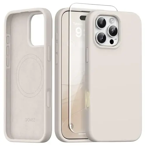 GONEZ Magnetic for iPhone 16 Pro Case, Compatible with MagSafe, [Screen Protector + Camera Lens Protector], Silicone Shockproof Anti-Scratch Protective Phone Case 6.3 inch, Stone 