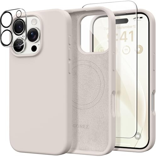 GONEZ Magnetic for iPhone 16 Pro Case, Compatible with MagSafe, [Screen Protector + Camera Lens Protector], Silicone Shockproof Anti-Scratch Protective Phone Case 6.3 inch, Stone 