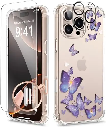 GVIEWIN for iPhone 16 Pro Case, with Screen Protector & Camera Lens Protector, Floral Shockproof Protective Bumper Slim Clear Phone Cover for Women 2024 6.3'', Alluring Butterfly/Purple - GVIEWIN