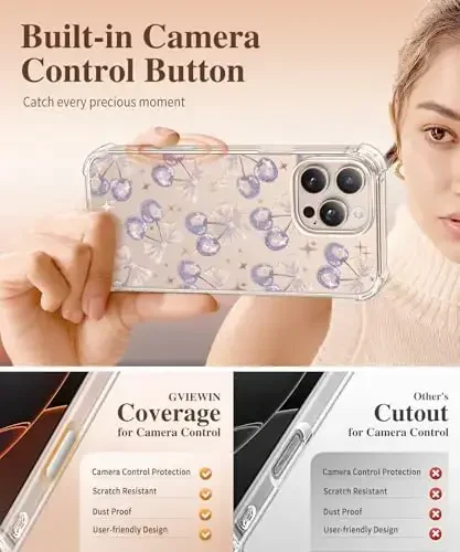 GVIEWIN for iPhone 16 Pro Case, with Screen Protector & Camera Lens Protector, Floral Shockproof Protective Bumper Slim Clear Phone Cover for Women 2024 6.3'', Cherries/Lavender - 5