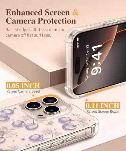 GVIEWIN for iPhone 16 Pro Case, with Screen Protector & Camera Lens Protector, Floral Shockproof Protective Bumper Slim Clear Phone Cover for Women 2024 6.3'', Cherries/Lavender - 7