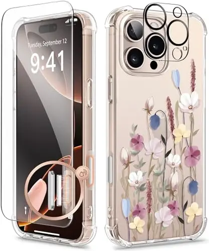 GVIEWIN for iPhone 16 Pro Case Floral, with Screen Protector&Camera Lens Protector, [Non Yellowing]Slim Shockproof Clear Phone Protective Cover for Women, Flower Pattern Design 6.3