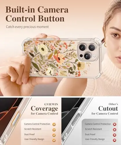 GVIEWIN for iPhone 16 Pro Case, with Screen Protector & Camera Lens Protector, Military-Grade Protection, Clear Shockproof Slim Floral Women Phone Case for iPhone 16 Pro, Petite Blooms/Golden - 5