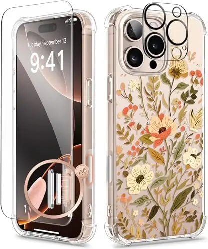 GVIEWIN for iPhone 16 Pro Case, with Screen Protector & Camera Lens Protector, Military-Grade Protection, Clear Shockproof Slim Floral Women Phone Case for iPhone 16 Pro, Petite Blooms/Golden 