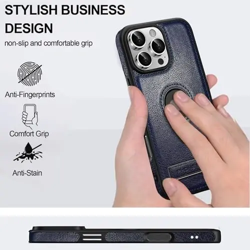 KSELF Leather Case for iPhone 16 Pro Case, Protective Slim with Kickstand Shockproof Phone Cases, Built-in Invisible Stand Compatible with iPhone 16 Pro 6.3'' (Blue, for iPhone 16 Pro) - 3