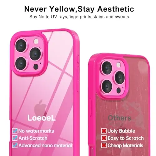 LoeoeL for iPhone 16 Pro Case Clear, Transparent Hybrid 16 Pro Phone Case [Hard Plastic & Soft Silicone Bumper] Acrylic Non Yellowing Thin Slim Protective Cover for Women, Neon Hot Pink - 11