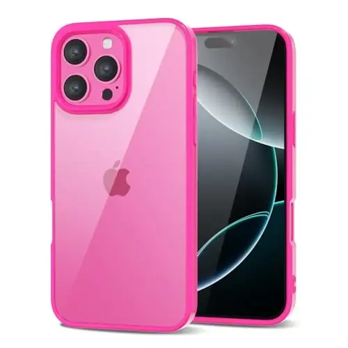 LoeoeL for iPhone 16 Pro Case Clear, Transparent Hybrid 16 Pro Phone Case [Hard Plastic & Soft Silicone Bumper] Acrylic Non Yellowing Thin Slim Protective Cover for Women, Neon Hot Pink - LOEOEL