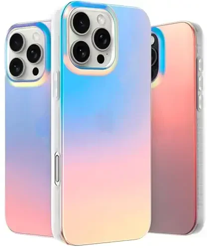 LONLI Hue Case for iPhone 16 Pro - [360° Shock-Absorbent Bumper] - [Cute and Unique Phone Cover for Girls and Women] - Fluorescent Holographic Iridescent 