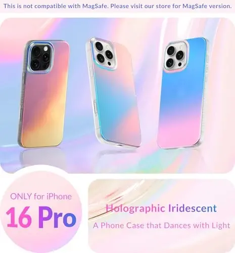 LONLI Hue Case for iPhone 16 Pro - [360° Shock-Absorbent Bumper] - [Cute and Unique Phone Cover for Girls and Women] - Fluorescent Holographic Iridescent - 2