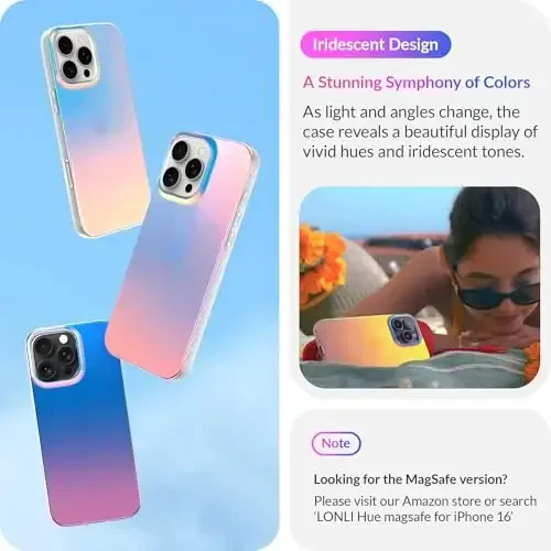 LONLI Hue Case for iPhone 16 Pro - [360° Shock-Absorbent Bumper] - [Cute and Unique Phone Cover for Girls and Women] - Fluorescent Holographic Iridescent - 3