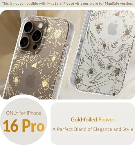 LONLI Hue Case for iPhone 16 Pro - [360° Shock-Absorbent Bumper] - [Cute and Unique Phone Cover for Girls and Women] - Gold Floral - 2