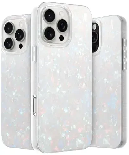 LONLI Hue Case for iPhone 16 Pro - [360° Shock-Absorbent Bumper] - [Cute and Unique Phone Cover for Girls and Women] - White Pearl Tort 