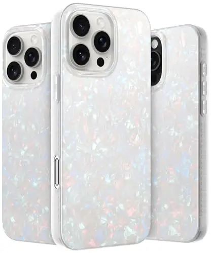 LONLI Hue Case for iPhone 16 Pro - [360° Shock-Absorbent Bumper] - [Cute and Unique Phone Cover for Girls and Women] - White Pearl Tort 