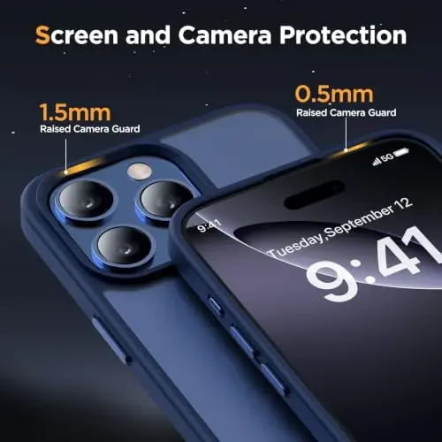 iPhone 16 Pro için Miracase Mat Seri Kılıf, Manyetik, Koyu Mavi | Kadife Dokunuş | Askeri Sınıf Koruma | Parmak İzi Bırakmaz | 6,3 İnç - 5