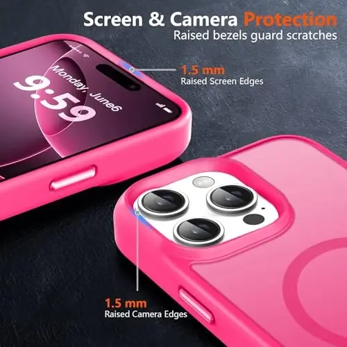 MOCCA Strong Magnetic for iPhone 16 Pro Phone Case, [Compatible with Magsafe][16FT Mil-Grade Drop Protection] Slim Thin Translucent Matte Protective Cover Case for iPhone 16 Pro Case, Hot Pink - 5