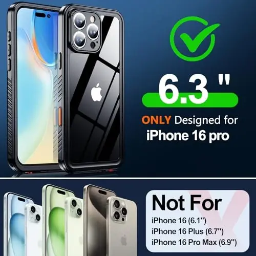 MOZOTER for iPhone 16 Pro Case Waterproof,[IPX8 Underwater Case][Full Body Shockproof & Military Dropproof] Clear Sound Quality Built-in Screen Protector for iPhone 16 Pro 6.3 inch-Black - MOZOTER (1)
