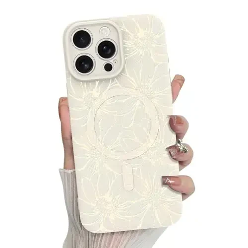 MZELQ for iPhone 16 Pro Case, Silicone White Floral Flowers Cute Pattern, Magnetic Compatible with MagSafe Sunflowers Camera Protection Phone Case - MZELQ