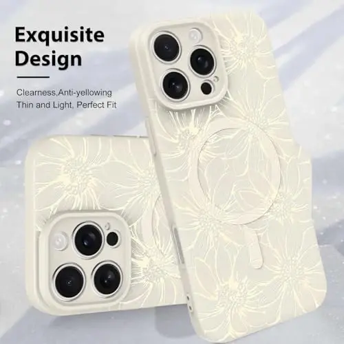 MZELQ for iPhone 16 Pro Case, Silicone White Floral Flowers Cute Pattern, Magnetic Compatible with MagSafe Sunflowers Camera Protection Phone Case - 3