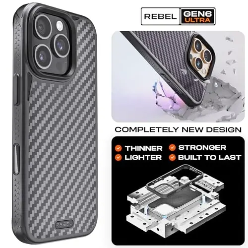 REBEL Case for iPhone 16 Pro [Gen-6 Aramid Fiber] Strong MagSafe Compatible, Grippy Sides, Shockproof Corners, Metal Lens + Buttons, Upgraded Protective Design, 6.3 Inch Phone 2024 (Black) - 3