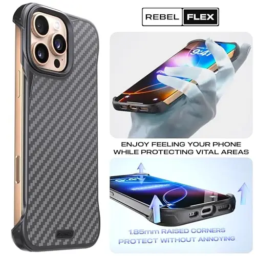 REBEL Phone Case for iPhone 16 Pro [Flex Series] Exposed Sides for Comfort, Aramid Fiber, Strong MagSafe Compatible, Shockproof, Metal Lens, Protective Frameless Design, 6.3 Inch 2024 (Flex) - 2