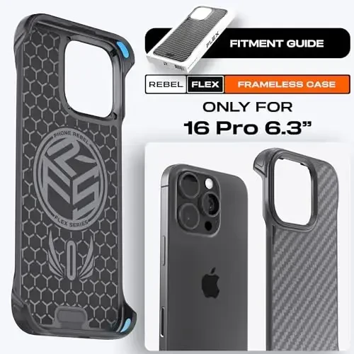 REBEL Phone Case for iPhone 16 Pro [Flex Series] Exposed Sides for Comfort, Aramid Fiber, Strong MagSafe Compatible, Shockproof, Metal Lens, Protective Frameless Design, 6.3 Inch 2024 (Flex) - 6