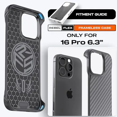 REBEL Phone Case for iPhone 16 Pro [Flex Series] Exposed Sides for Comfort, Aramid Fiber, Strong MagSafe Compatible, Shockproof, Metal Lens, Protective Frameless Design, 6.3 Inch 2024 (Flex) - 6