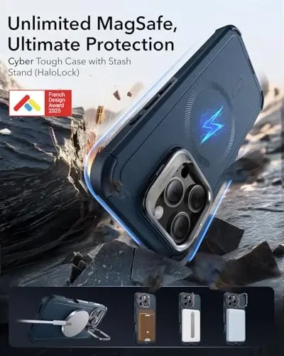 ESR for iPhone 16 Pro Case with Stand, 23 ft Military-Grade Drop Protection, Heavy Duty Magnetic Phone Case, Compatible with MagSafe Accessories, Cyber Series, Navy Blue - ESR