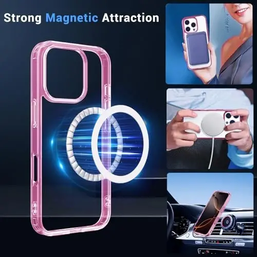 Temdan for iPhone 16 Pro Case Clear, Compatible with Magsafe, Anti-Yellowing, Military-Grade Protection, Shockproof Slim Magnetic Phone Case Cover, Pink - 3