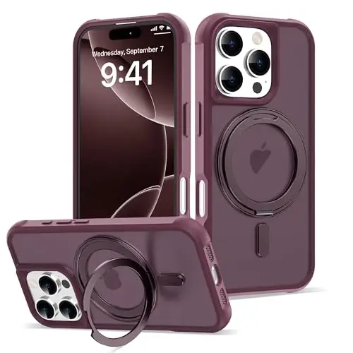 TOKVANZ for iPhone 16 Pro Case with 360° Rotatable Magnetic Ring Stand [Compatible Mag-Safe] [Military Grade Protection] Translucent Matte Phone Cases for Women Men 6.3'', Wine Red - TOKVANZ