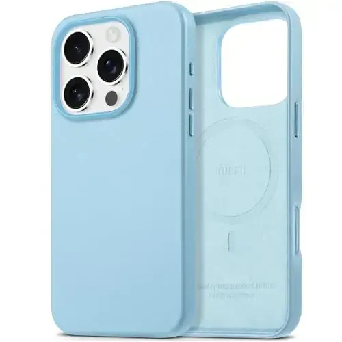 TUCCH Case for iPhone 16 Pro, [Magnetic Wireless Charging] Anti-Slip PU Leather Shockproof Phone Case, Slim Anti-Fingerprint Lightweight Protective Back Cover Compatible with iPhone 16 Pro, Sky Blue 