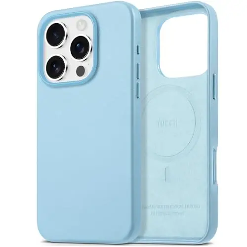 TUCCH Case for iPhone 16 Pro, [Magnetic Wireless Charging] Anti-Slip PU Leather Shockproof Phone Case, Slim Anti-Fingerprint Lightweight Protective Back Cover Compatible with iPhone 16 Pro, Sky Blue - TUCCH