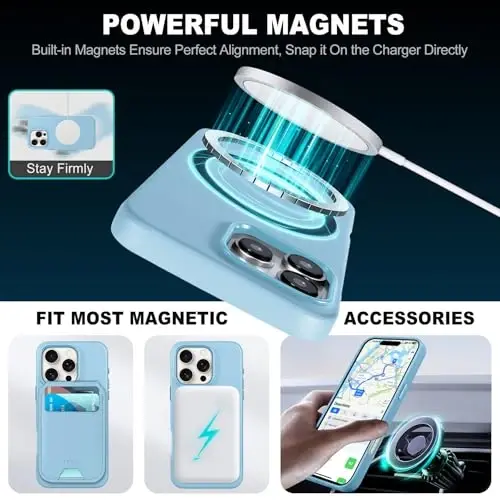 TUCCH Case for iPhone 16 Pro, [Magnetic Wireless Charging] Anti-Slip PU Leather Shockproof Phone Case, Slim Anti-Fingerprint Lightweight Protective Back Cover Compatible with iPhone 16 Pro, Sky Blue - 3